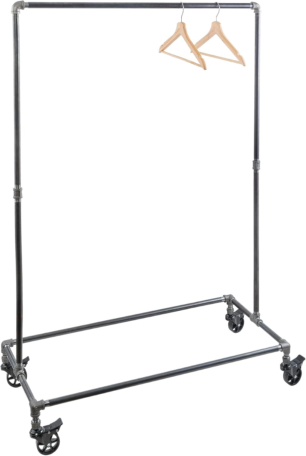 PIPE DECOR 39' x 20 ¼' x 58' Rolling Steel Pipe Clothing Rack, Commercial or Residential Industrial Clothes Display, Heavy Duty Black Steel Metal Wheeled Garment Frame
