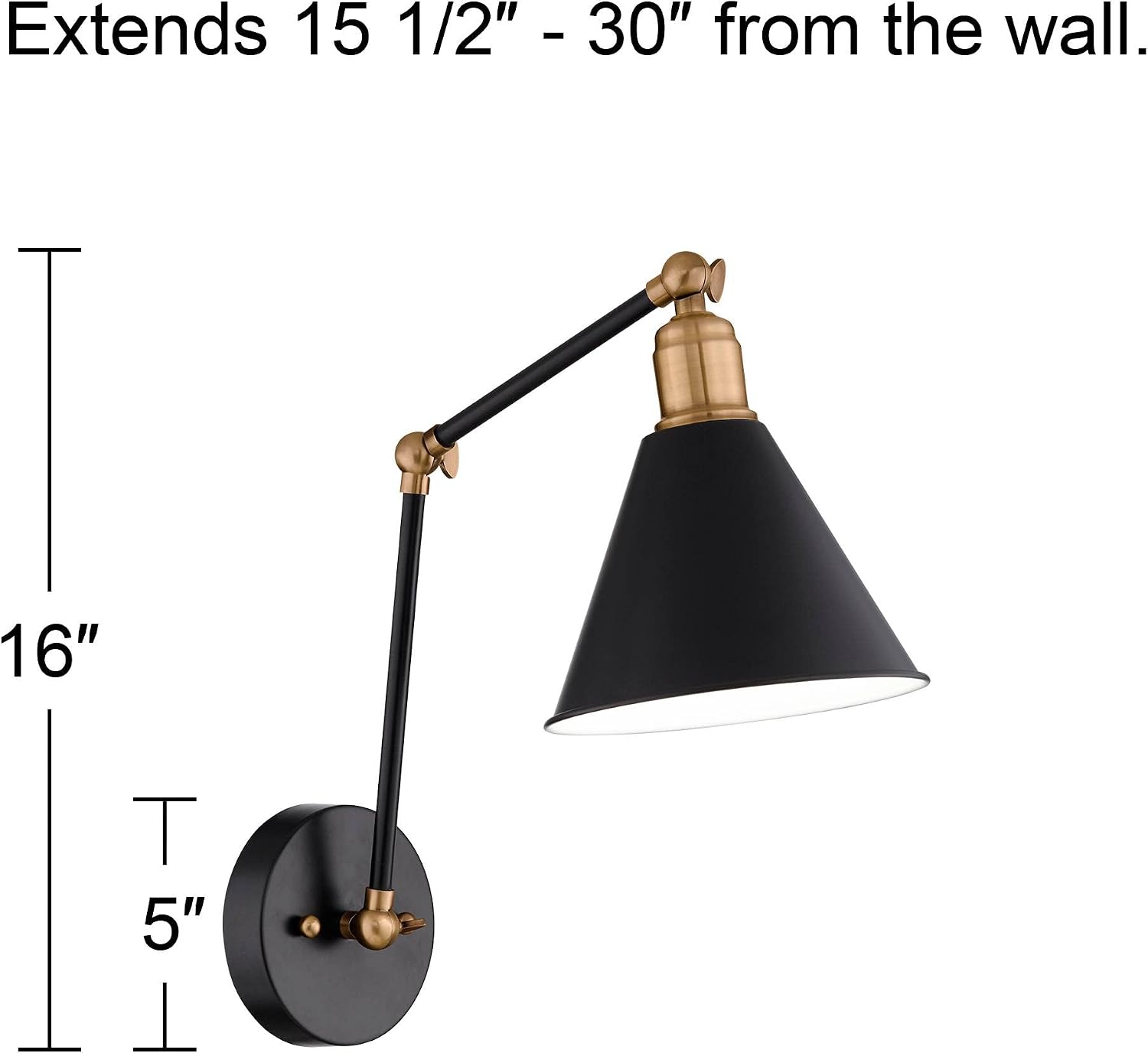 360 Lighting Wray Modern Wall Lamps Set of 2 Rich Black Brass Hardwired 7 1/4' Fixture Adjustable Arm Metal Cone Shade for Bedroom Bathroom Vanity House Reading Living Room Home Hallway