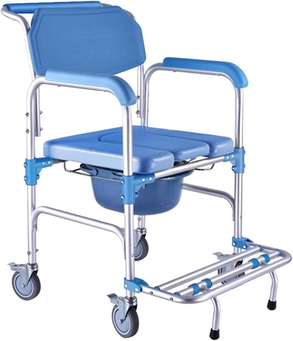 Toilet Chair Shower Chair Bariatric Toilet Seat Folding Mobile Wheelchair with Non-Slip Handles and Bucket Footrests for Seniors Bathroom Safety