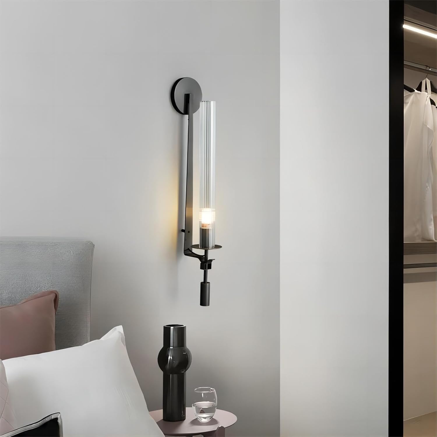 LIGHTLAND Black Wall Sconces Set of 2, 28 Inch Modern Metal Glass Wall Light Fixture, Wall Lamp for Living Room Bedroom Hallway