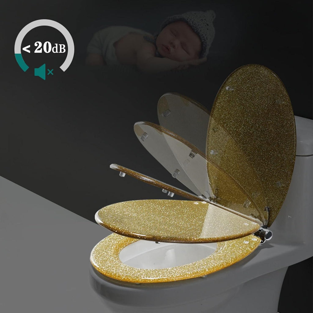Toilet Seat Premium Glitter Toilet Seat, Bathroom Oval Shape Universal Toilet Seat with Soft Close and Quick Release, Adjustable Hinge for Easy Installation (One Color OneSize)
