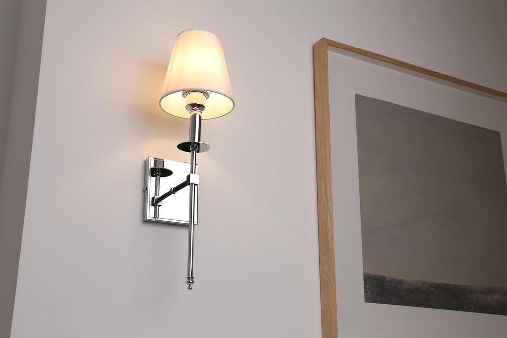PERMO Set of 2 Classic Rustic Industrial Wall Sconce Lighting Fixture with Flared White Textile Lamp Shade and Chrome Tapered Column Stand, Hardwired, E26 Base