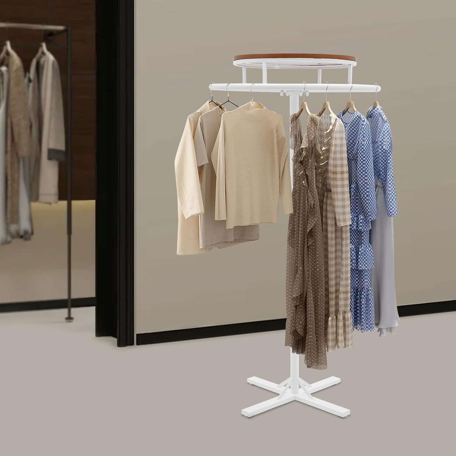 Round Garment Racks for Hanging Clothes 360° Rotary Clothes Display Rack 27.56' Diameter Freestanding Retail Display Stand Commercial Clothing Organizer Clothes Shelf for Retail Boutiques (White)