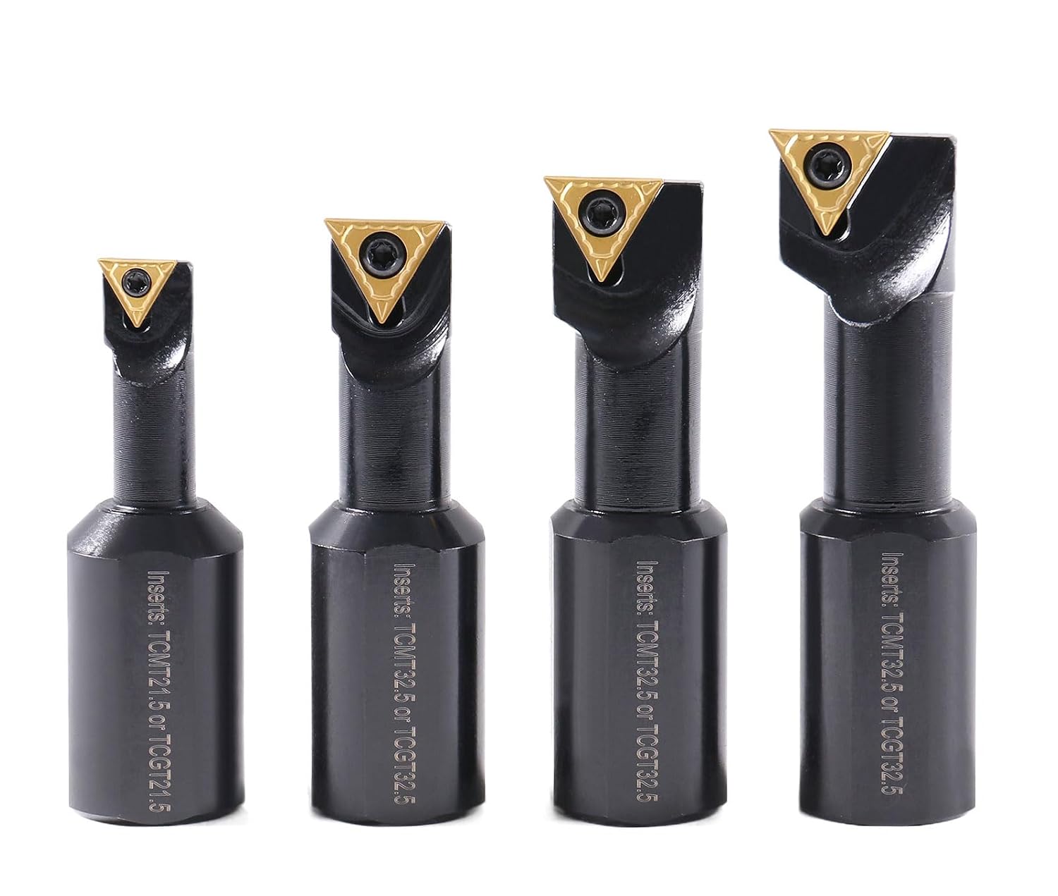 Accusize Industrial Tools 1' 4pc Indexable Stubby Length Boring Bar Set, w/Carbide TiN Coated TCMT Inserts and Extra Screws, EJ99-2182 | TCMT Inserts, Carbide, TiN Coated, Mini Bore 1/2 in-1-1/4 in, Max Bore 1-5/16 in-1-31/32 in, OAL 2-15/16 in-3-19/32 in