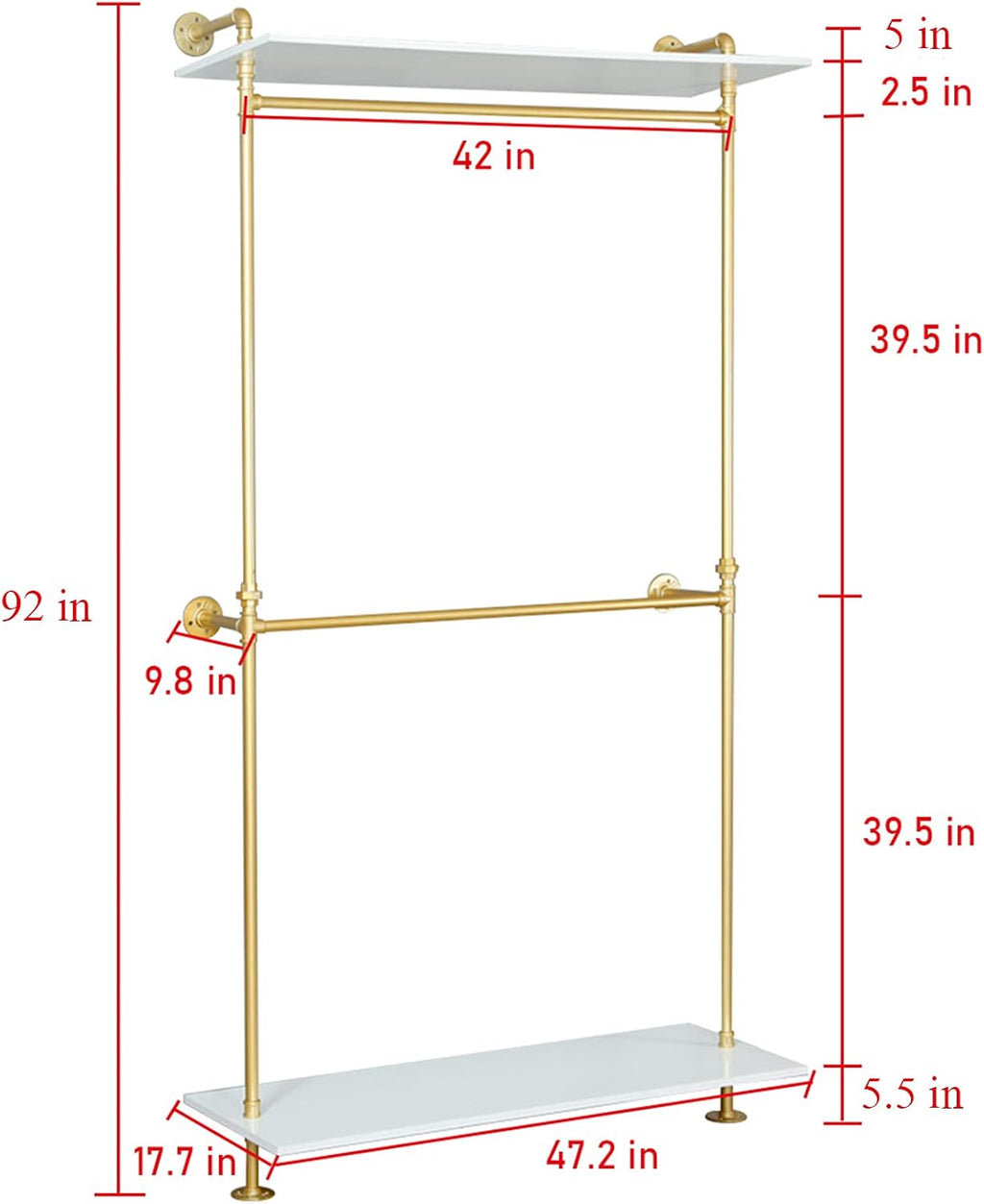 Modern Simple 2 Tier Industrial Pipe and Wood Garment Rack,Wall Mounted Double Hanging Rods Clothing Rack,Retail Display Storage Clothes Hanging Shelves (One Shelves,Gold, 47.2'L)