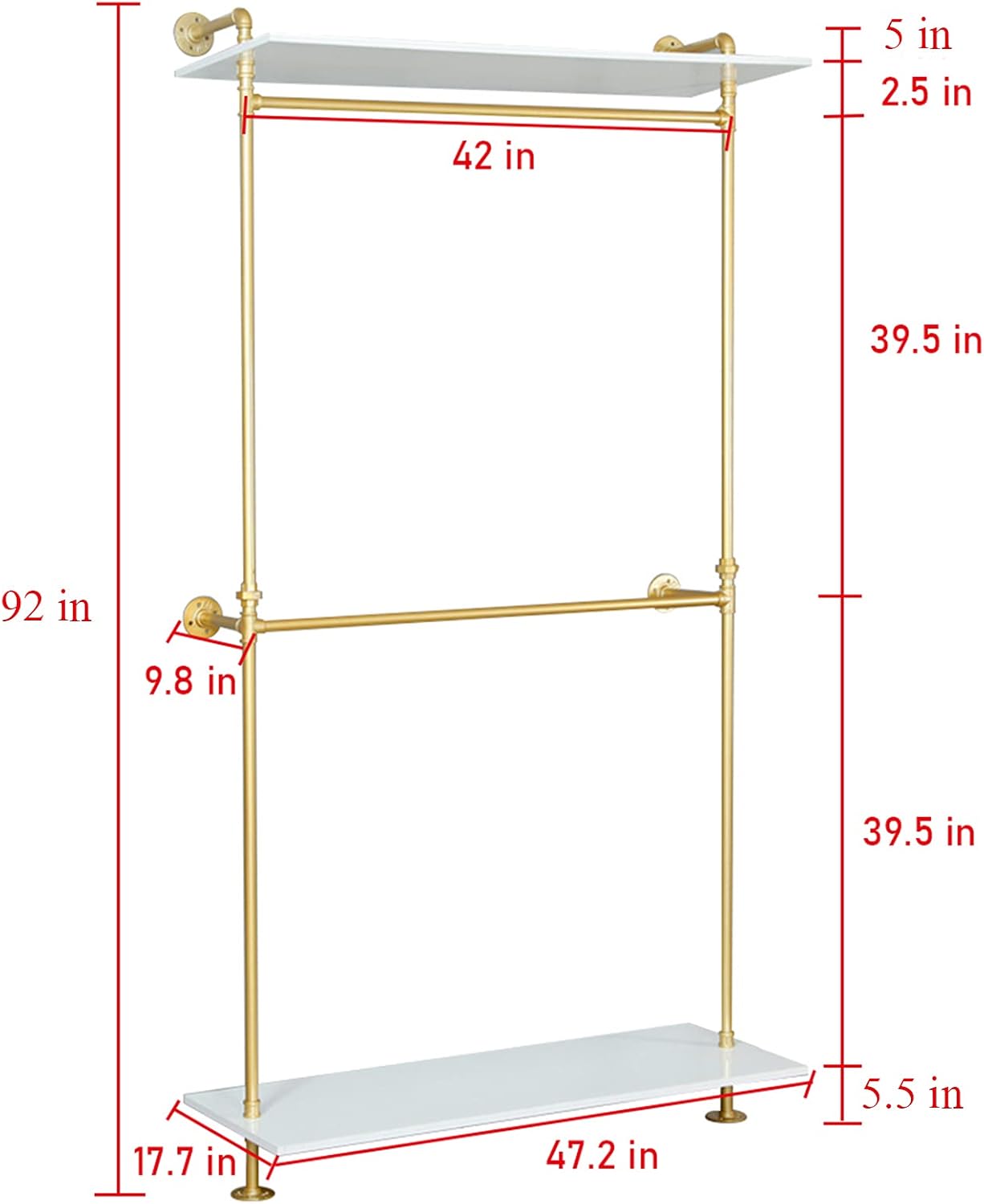 Modern Simple 2 Tier Industrial Pipe and Wood Garment Rack,Wall Mounted Double Hanging Rods Clothing Rack,Retail Display Storage Clothes Hanging Shelves (One Shelves,Gold, 47.2'L)
