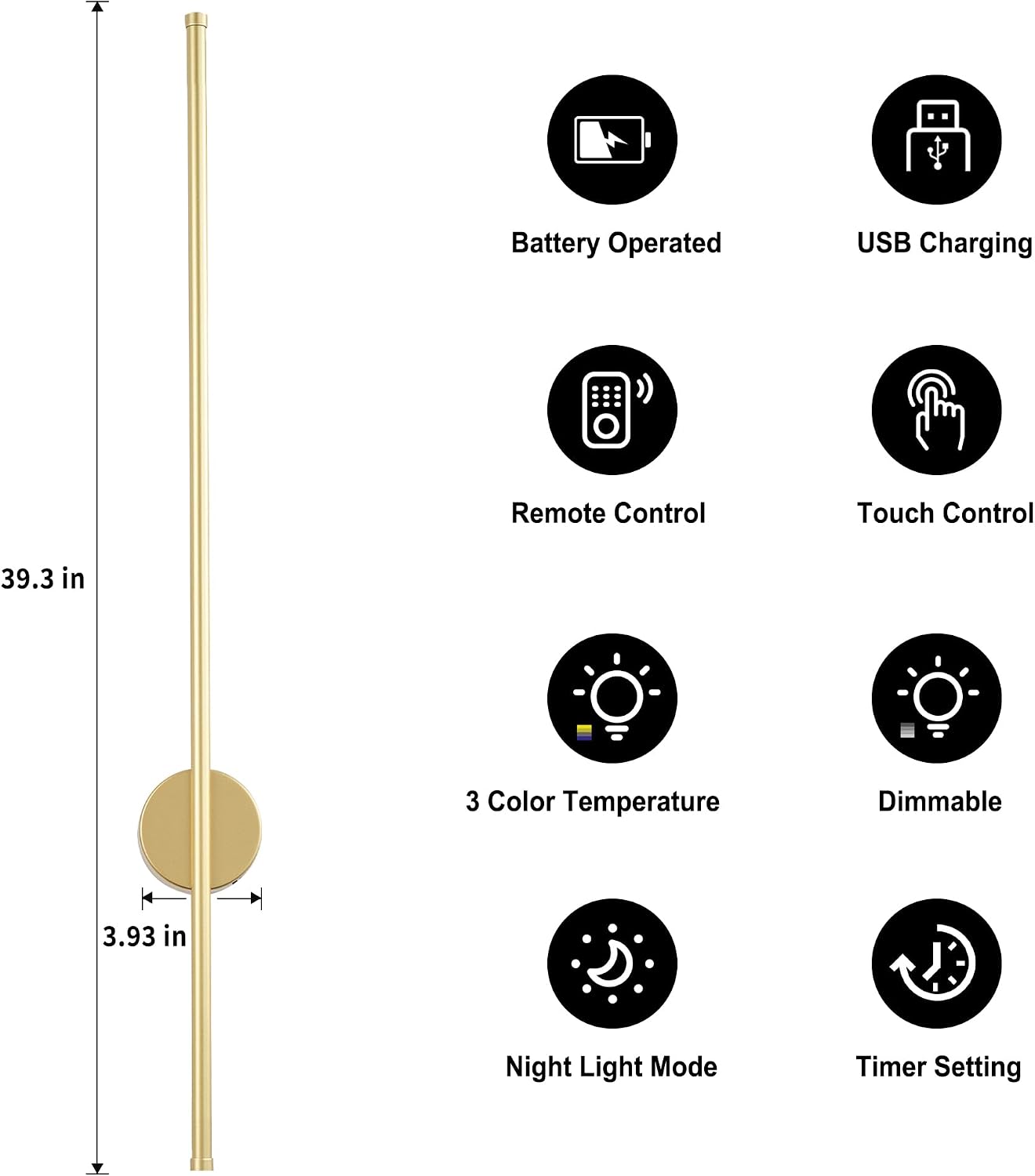 Battery Operated Modern Wall Sconces,Dimmable Wireless Wall Light Set of Two with Remote Control,3 Color Temperatures,Rechargeable LED Wall Sconce for Bedroom,Living Room,Hallway,39.3 Inch, Gold