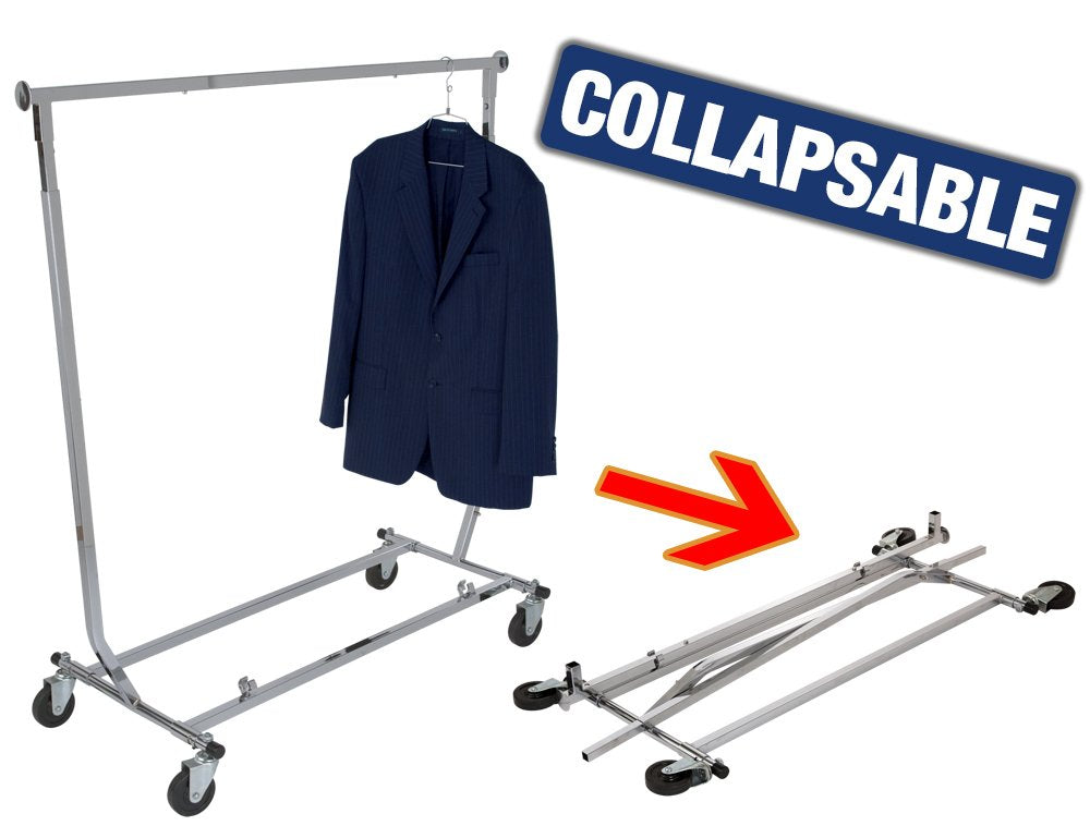 Econoco Collapsible Rolling Clothes Rack, Commercial Grade Clothing Display, 48 Inch Wide Square Tubing, Easy Folding Storage, Chrome