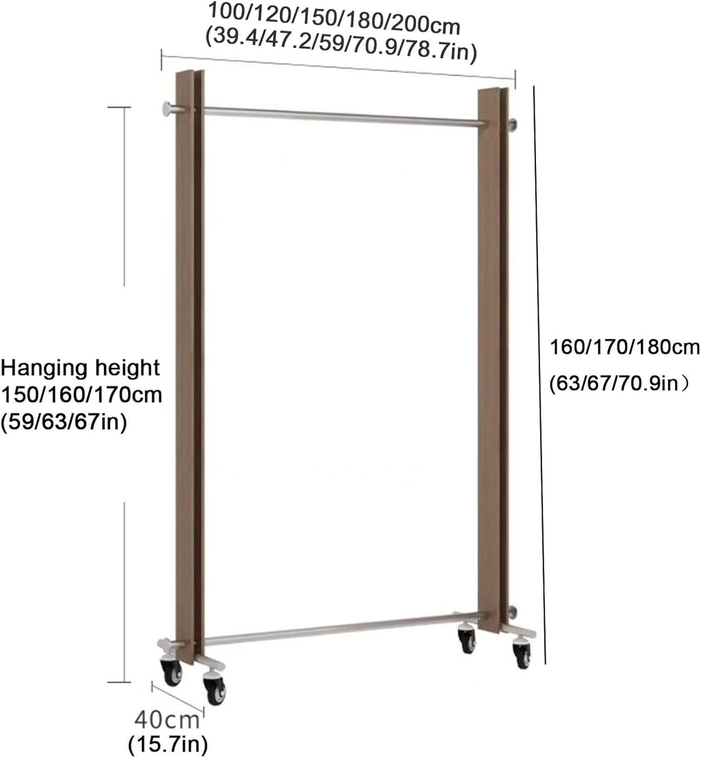 XPLKQXE Clothing Store Rolling Garment Rack with Wheel, Commercial Clothes Display Stand, Portable Standing Clothes Garment Rack, Standing Closet, Metal and Wood(Brown,100x40x170cm)