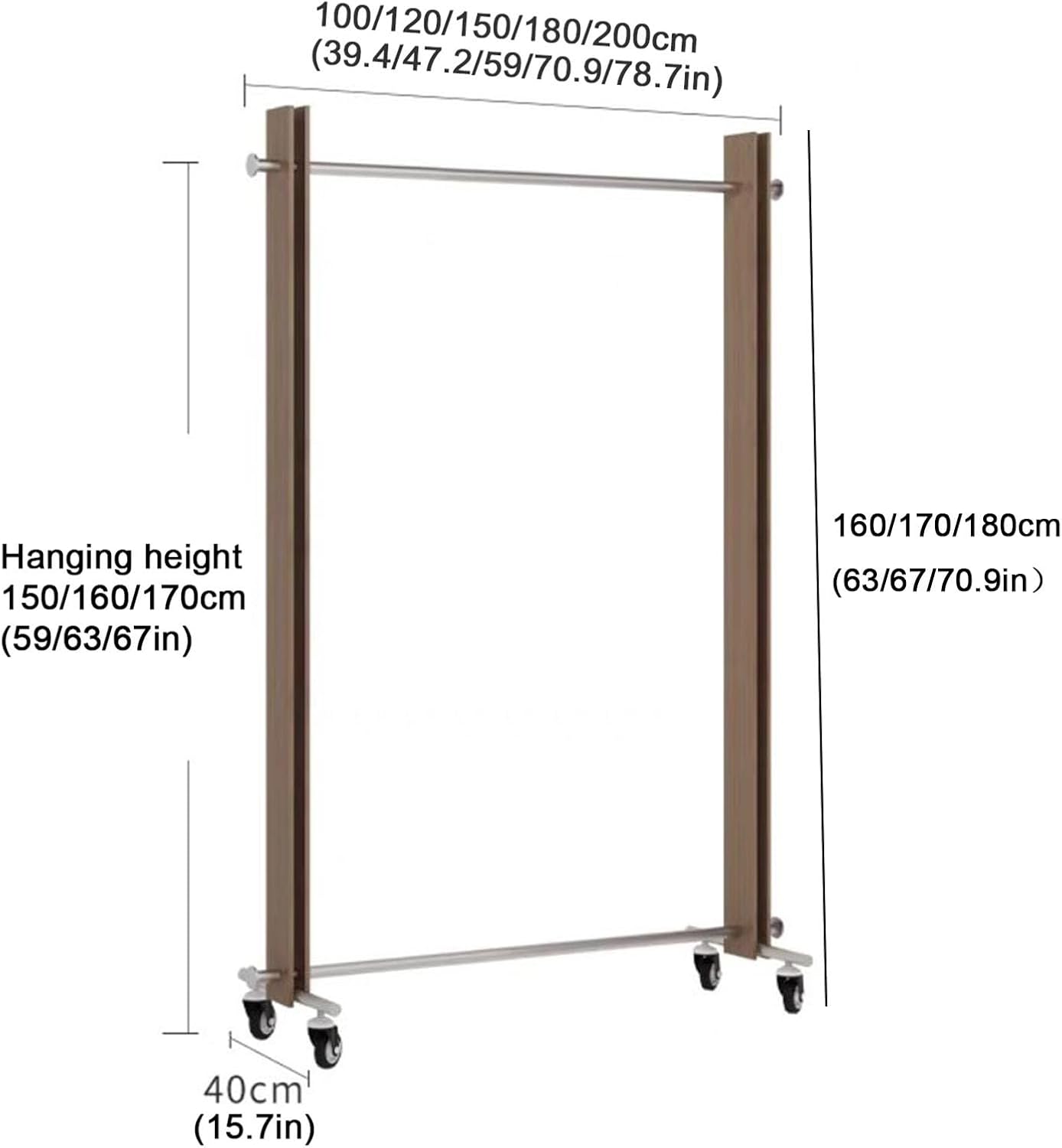 XPLKQXE Clothing Store Rolling Garment Rack with Wheel, Commercial Clothes Display Stand, Portable Standing Clothes Garment Rack, Standing Closet, Metal and Wood(Brown,100x40x160cm)