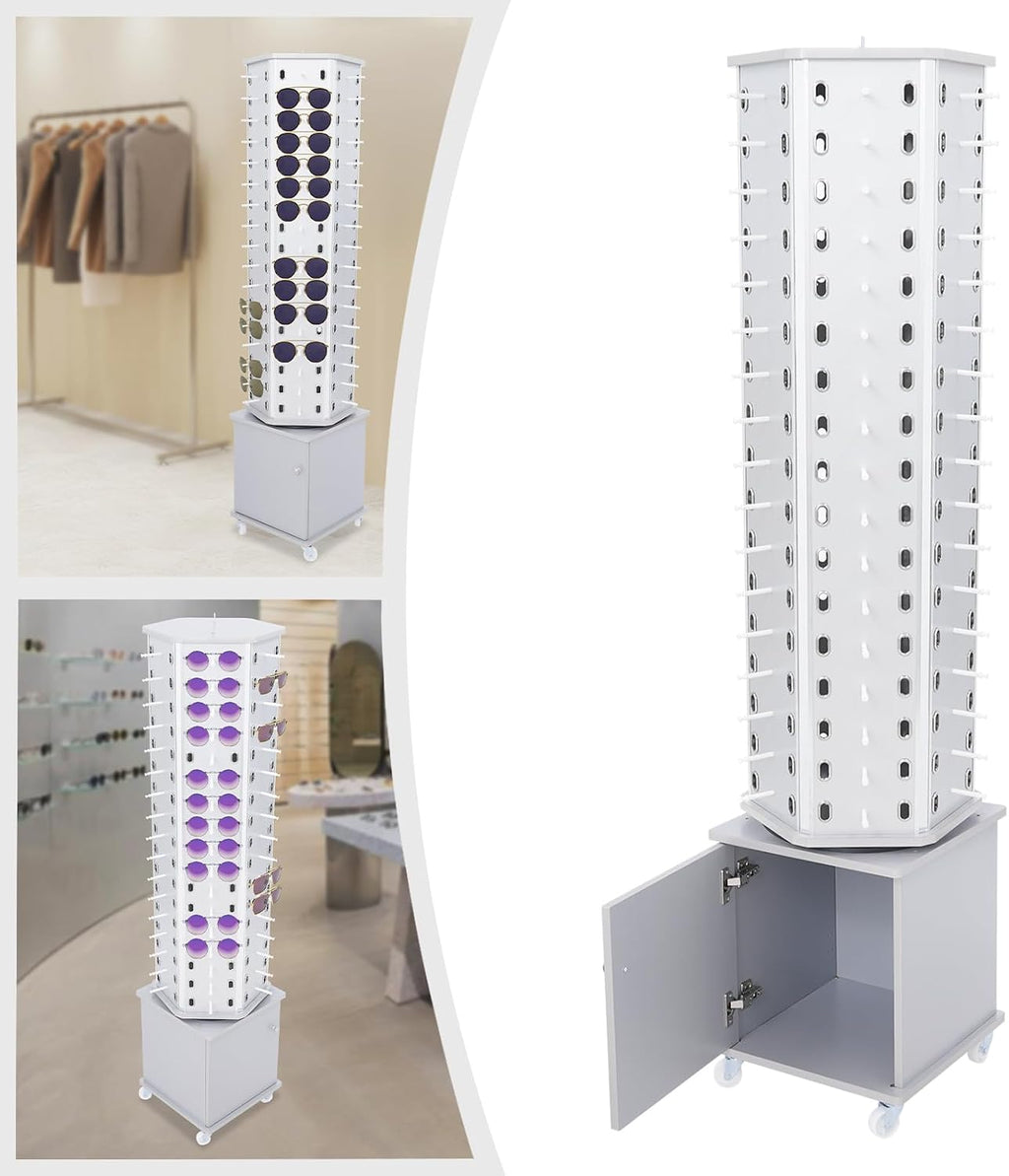 102 Pairs Rotating Glasses Display Stand, Eyewear Storage Organizer with Cabinet & Wheels, Commercial Sunglasses Display Rack, Optical Shop Glasses Holder (Silver)