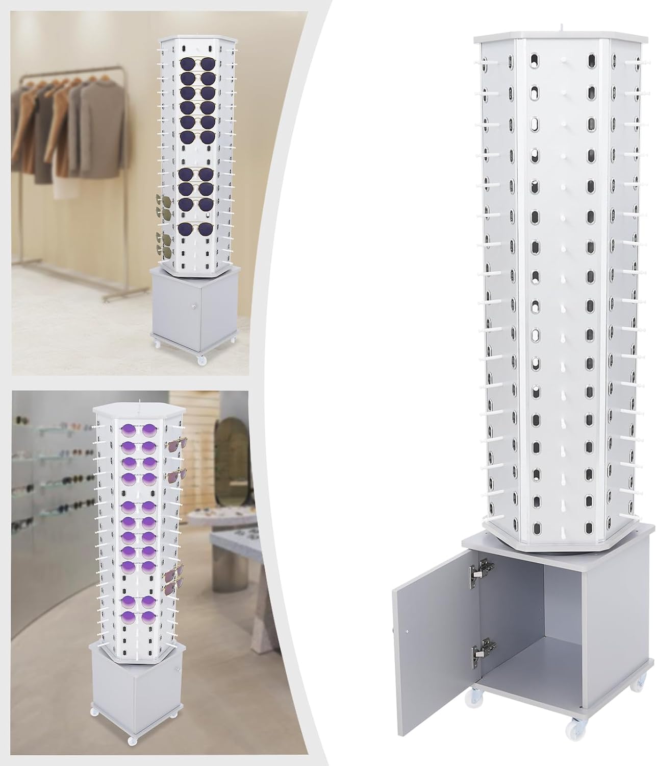 102 Pairs Rotating Glasses Display Stand, Eyewear Storage Organizer with Cabinet & Wheels, Commercial Sunglasses Display Rack, Optical Shop Glasses Holder (Silver)