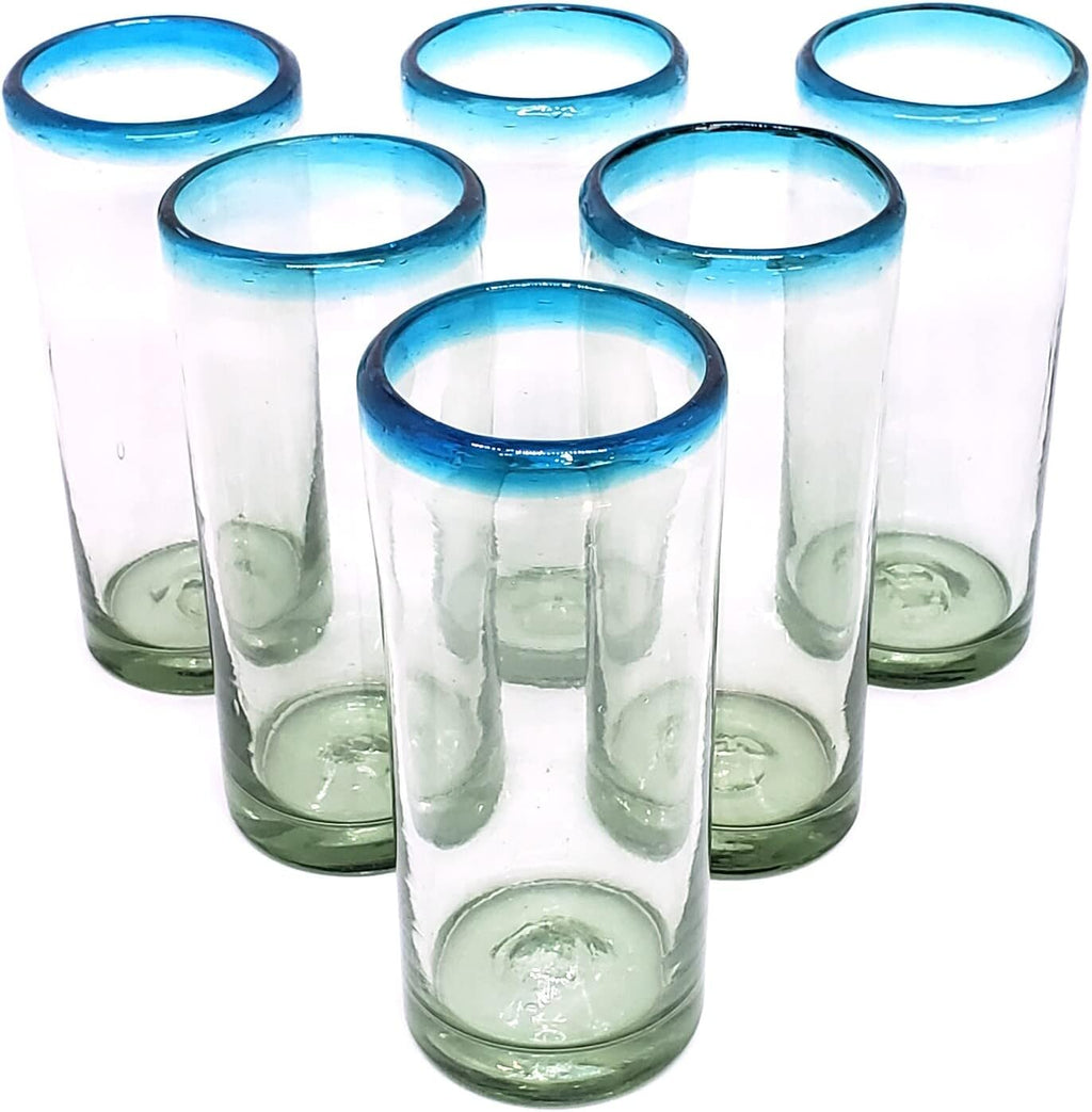 Aqua Blue Rim 15 oz Highball Glasses (set of 6), Recycled Glass, Lead-free, Toxin-Free (Highball)