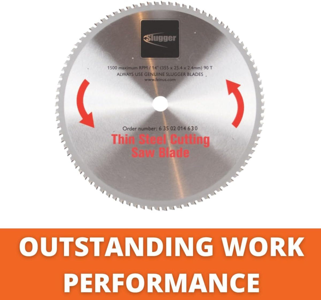 Slugger by Fein Thin Steel Cutting Saw Blade - Fast and Accurate Cuts up to 1/4' in Aluminum, Stainless Steel & Mild Metals, 14' Diameter, 90 Teeth - 63502014630