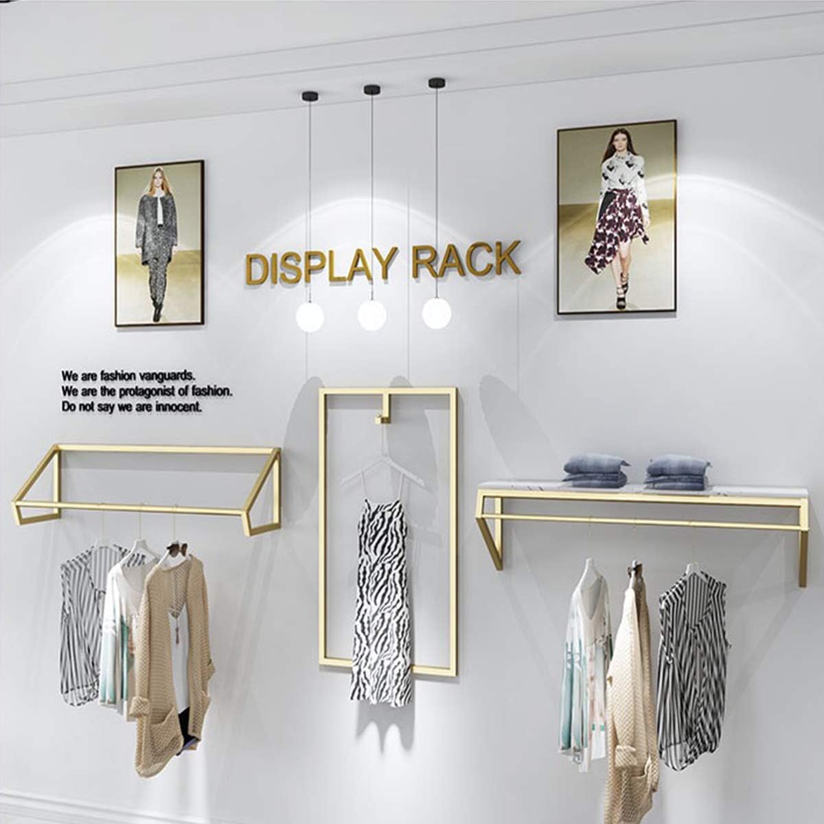 Modern Simple Men's and Women's Clothing Store Heavy Duty Metal Display Shelf,Wall-Mounted Garment Rack with Wood,Clothes Rail,Bathroom Hanging Towel Rack (Gold Square Tube, B-47.2' L)