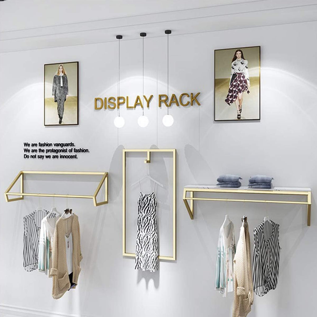 Modern Simple Men's and Women's Clothing Store Heavy Duty Metal Display Shelf,Wall-Mounted Garment Rack with Wood,Clothes Rail,Bathroom Hanging Towel Rack (Gold Square Tube, B-39 L)