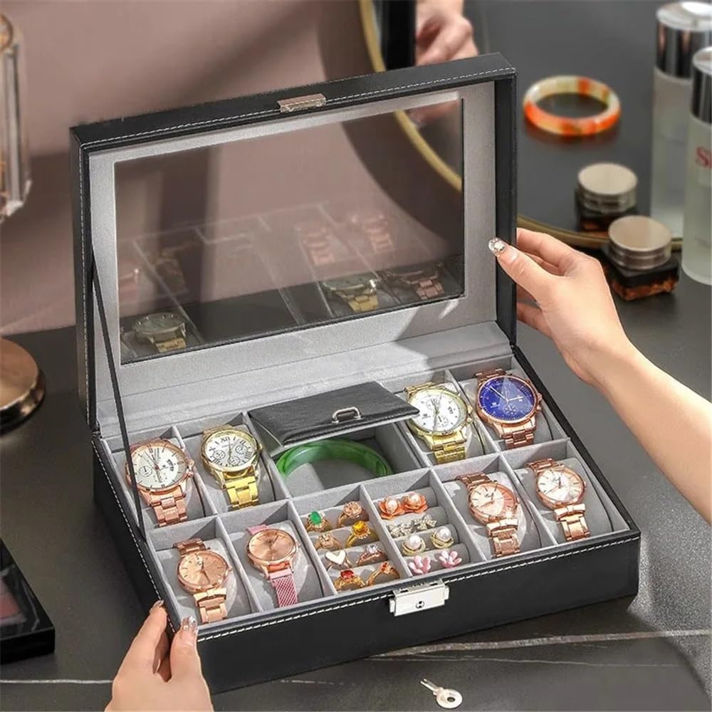 Glasses Stand Watch Box, 8 Jewelry Box Watch Display Case Organizer Jewelry Storage Box Black PU Leather with Mirror and Lock Eyewear Display Stand