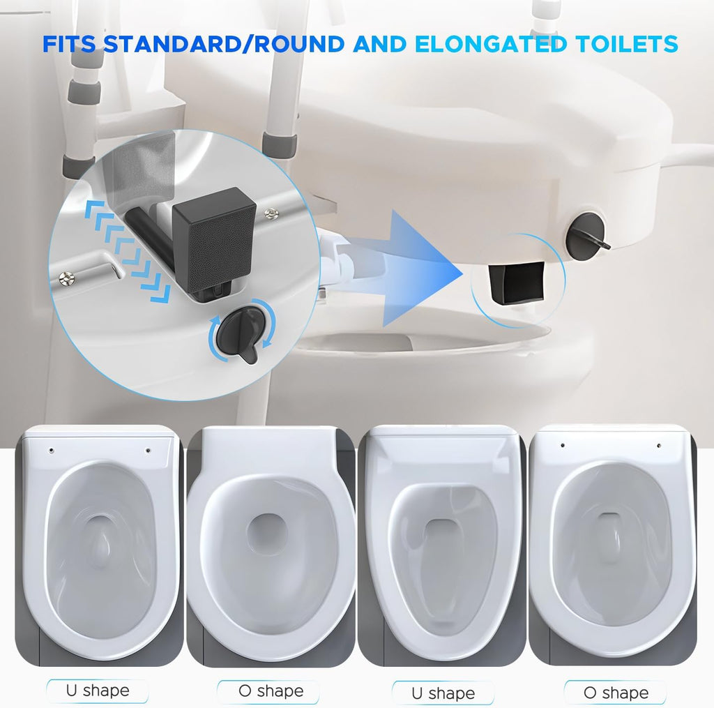 Raised Toilet Seat with Handles– 4-Legged Adjustable Toilet Riser for Seniors, Thickened Aluminum Alloy Frame, Non-Slip Safety Rails, Enhanced Stability (Grey & White)