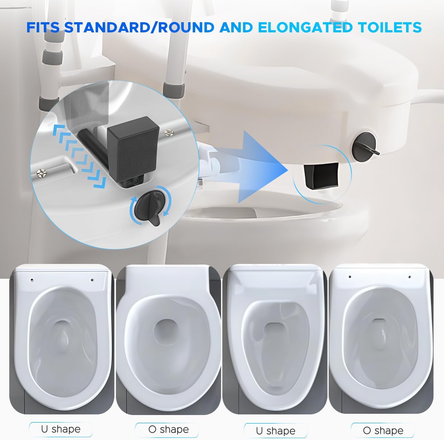 Raised Toilet Seat with Handles– 4-Legged Adjustable Toilet Riser for Seniors, Thickened Aluminum Alloy Frame, Non-Slip Safety Rails, Enhanced Stability (Grey & White)