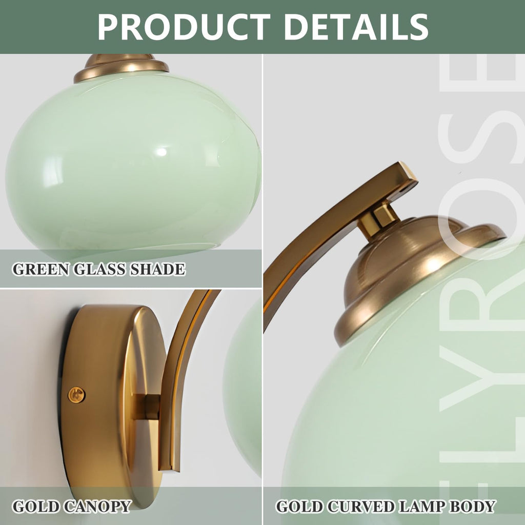 Green Glass Kitchen Sconce Light Brushed Gold Bathroom Vanity Light Vintage Hardwired Wall Sconce Set of 2 Mid Century Modern Wall Lighting
