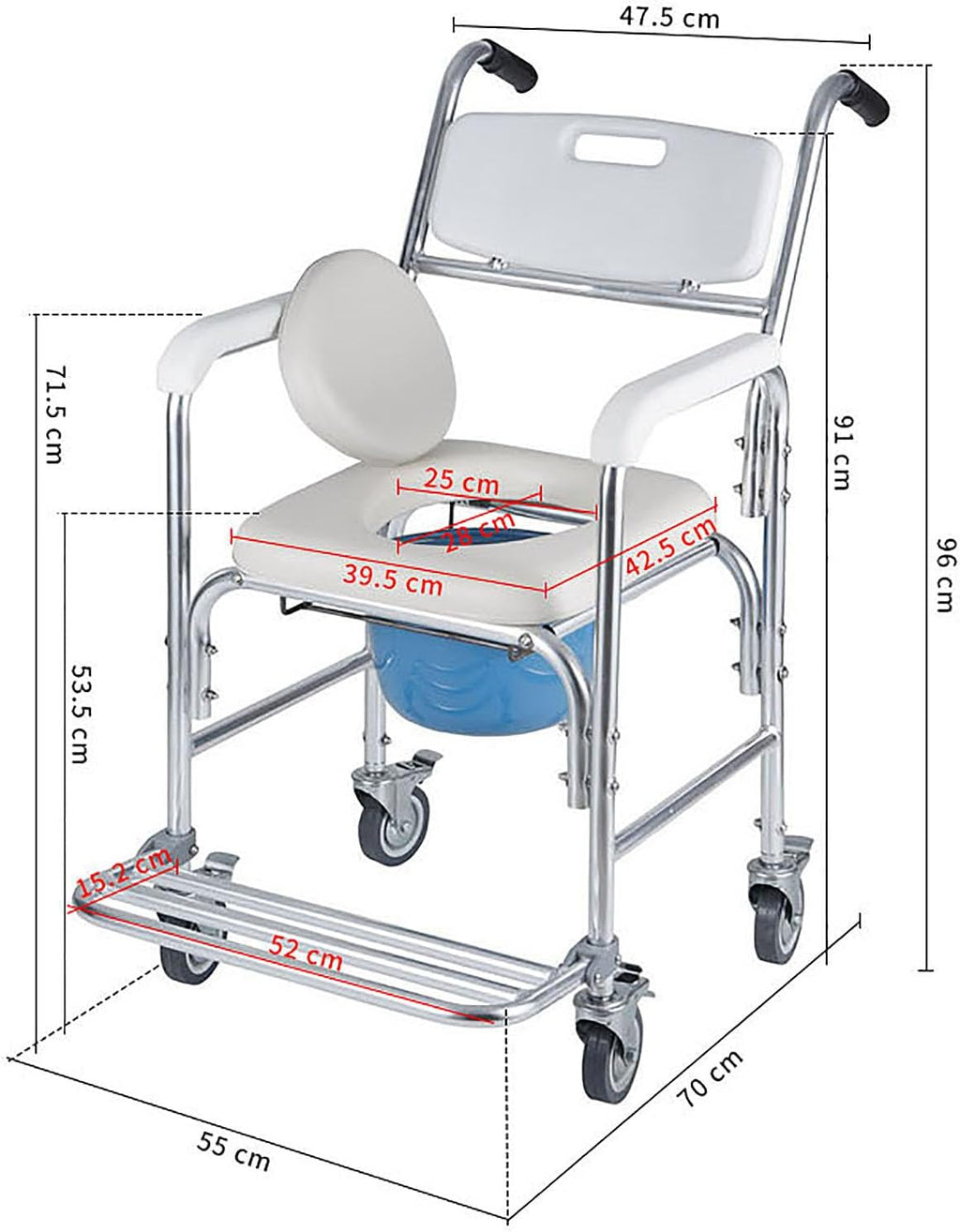 3-in-1 Shower Commode Wheelchair, Comfortable Padded Seat, Lightweight & Waterproof Rolling Over Toilet Chair, Ideal for Homecare, Weight Capacity 330 lbs, White