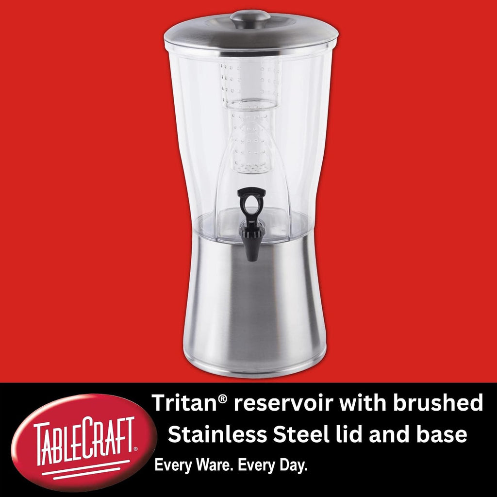 TableCraft N175 Cold Beverage Dispenser, 3.5 Gal, Stainless Steel & Tritan, 11¼' Dia x 23½', Includes Removable Infuser Tube, Clear Glass Design, BPA-Free, NSF Certified, Ideal for Events