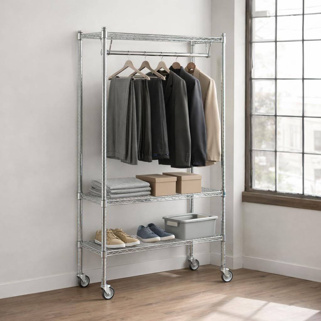 Garment Rack, Chrome Commercial Clothing Rack for Retail, Events & Storage, Adjustable Steel Clothes Rack with High Weight Capacity for Professional Use (Mobile, W18'' x L24'' x H70'')