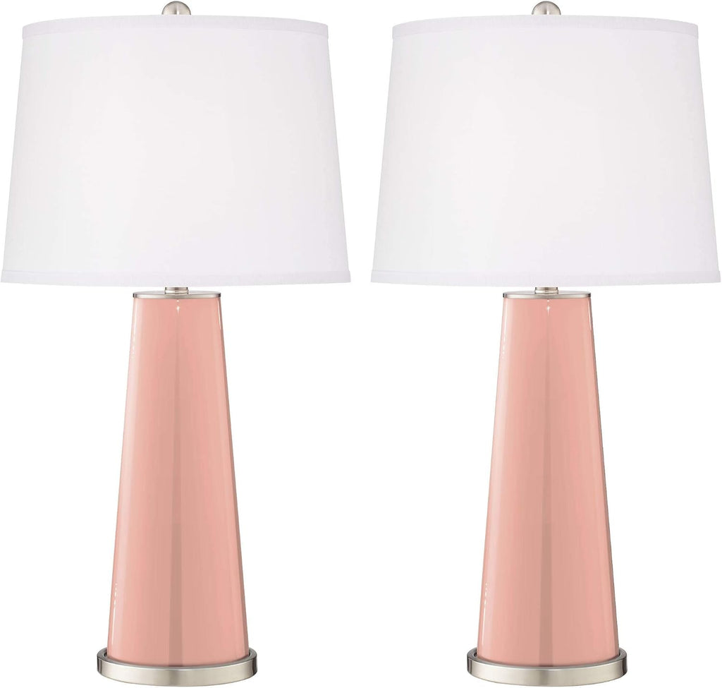 Color + Plus Leo Modern Table Lamps 29 1/2' Tall Set of 2 Mellow Coral Glass Tapered Column Plain White Drum Shade Decor for Bedroom Living Room House Home Bedside Nightstand Office Family