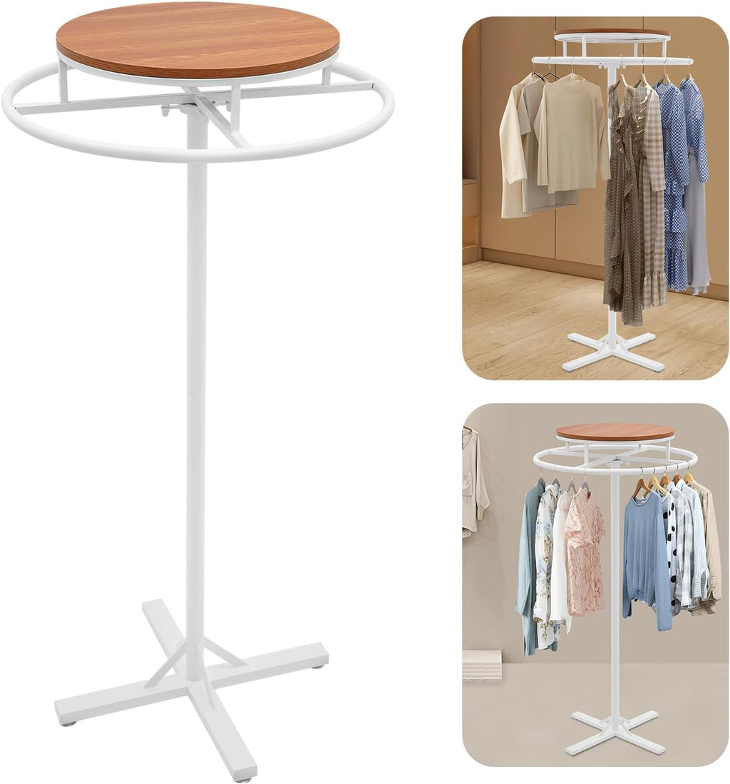 28 * 51 inch Retail Clothing Garment Racks with Display Table, White 360° Rotatable Floor-Standing Clothes Storage Rack for Bedrooms Boutiques Retail Commercial Shop Laundry Room