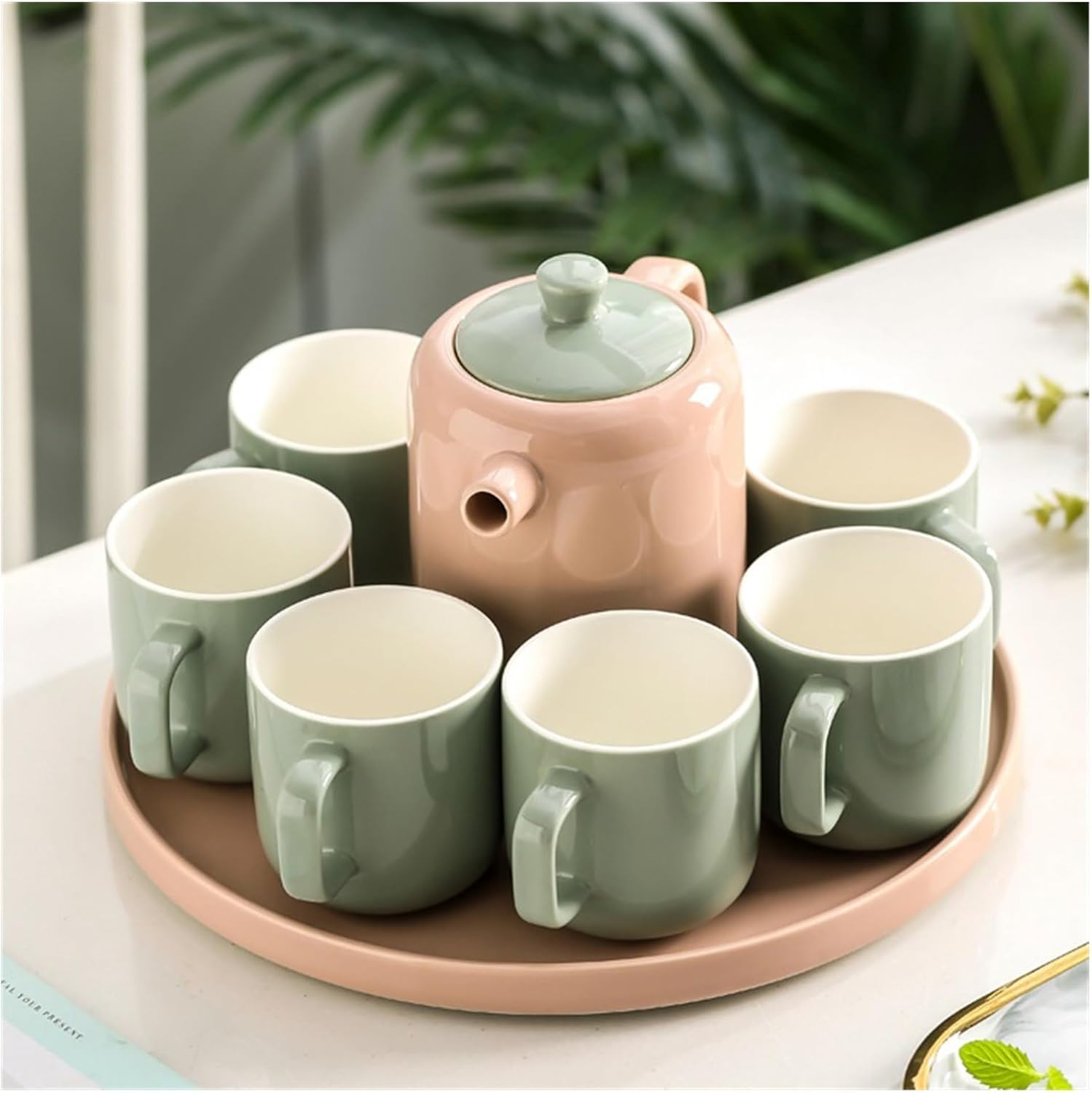 Beverage Serveware Water Cup Tea Set Household Creative Set Cup Ceramic Water Set Tea Cup Living Room Family Cup Water Carafe(Green)