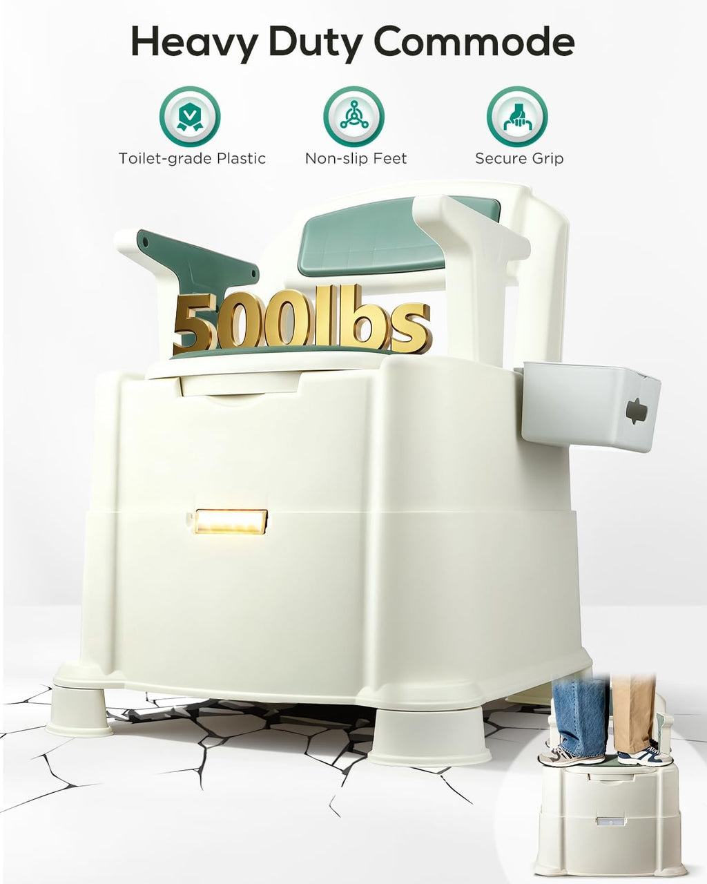 Bedside Commode, Portable Toilet for Adults, Commode Chair for Toilet with Arms, Height Adjustable, 2 Toilets and Induction Night Light, Potty Chair for Elderly and Disabled