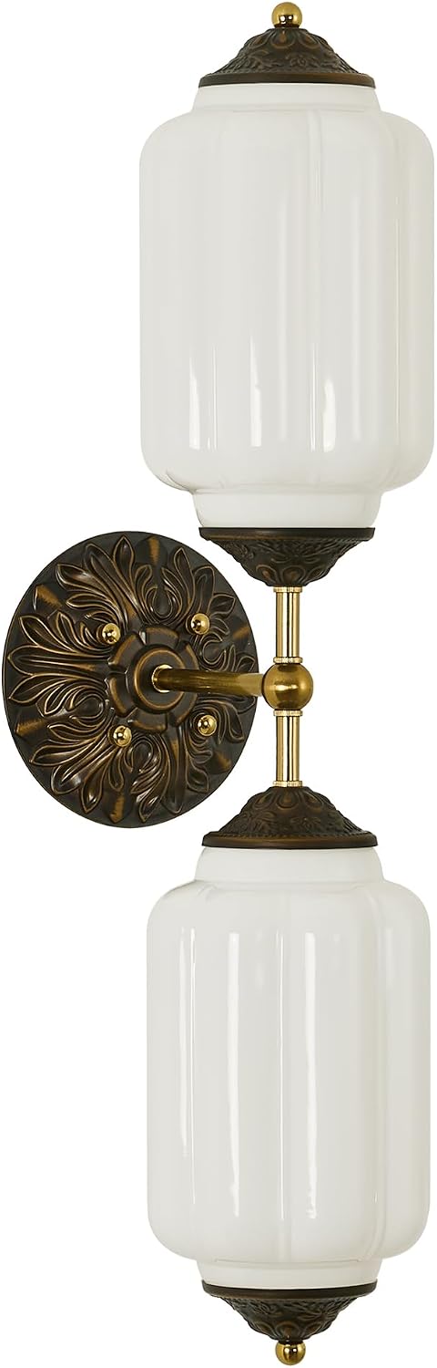 Vintage Milk Glass Bathroom Wall Sconce - 25' Mid Century Dimmable Vanity Light with Bulb - Vertical or Horizontal Mounted Sconces - Modern Brass Gold Lighting Fixture for Indoor Bedroom Hallway Decor