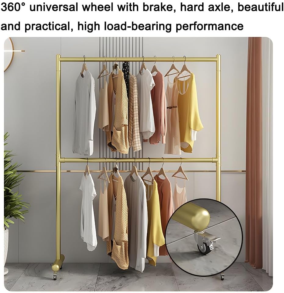Zfmnoyev Double Rod Heavy Duty Garment Rack, Metal Rolling Garment Rack with Wheels, Large Capacity Height Adjustable Clothes Hanger Rack, for Bedroom, Living Room, Clothing Store(Gold,60x40x167 cm)