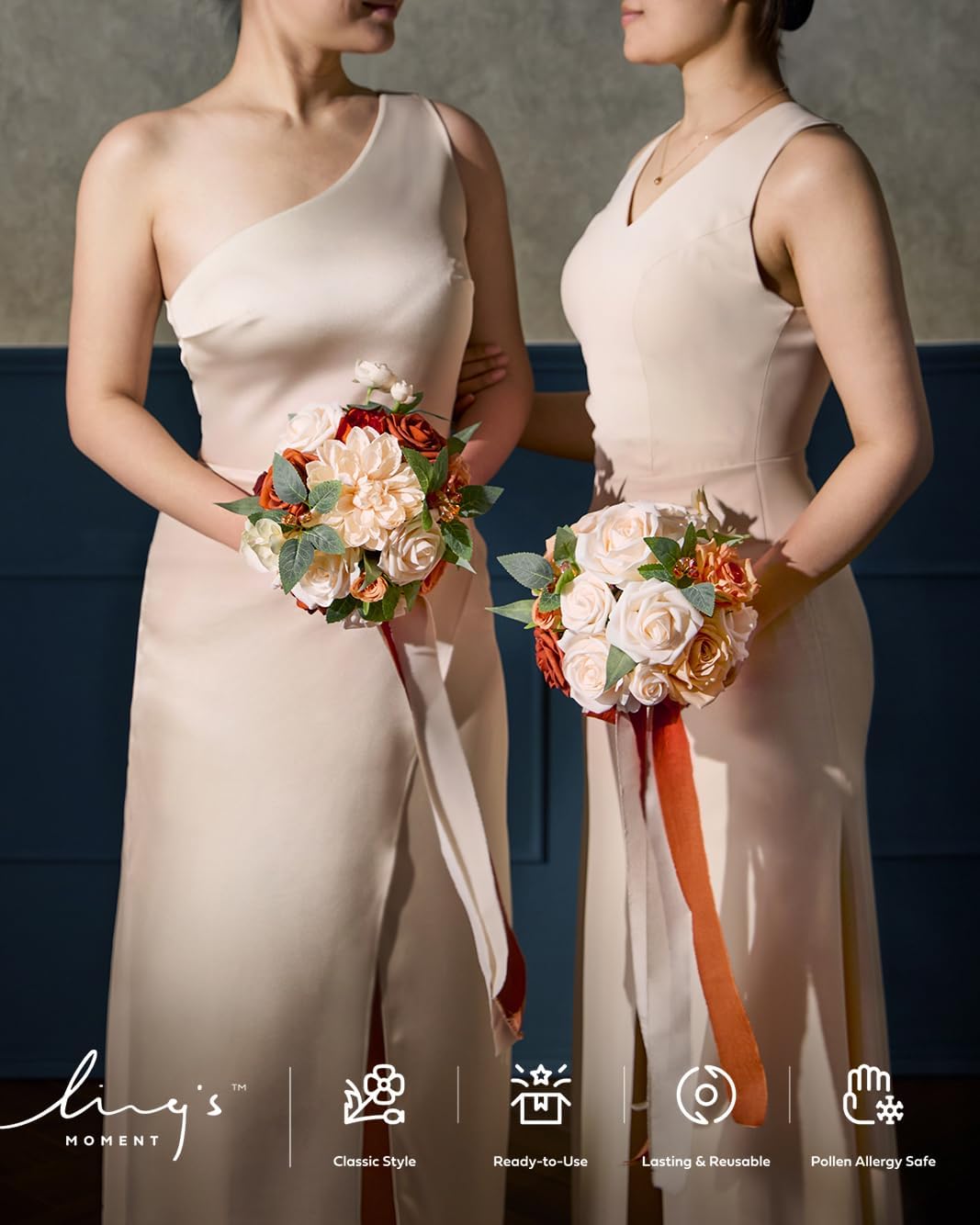 Ling's moment Wedding Artificial Flowers Package, Bridal Bouquet, Bridesmaid Bouquets, Boutonniere for Men, Rose Petals.Terracotta Orange