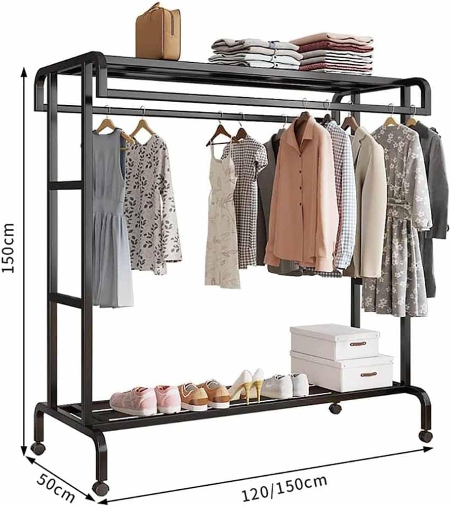 Heavy Duty Metal Clothes Rack, Double Rods Rolling Hanging Clothing Rack, Industrial Pipe Clothes Organizer on Wheels for Home and Retail,Black,150 * 50 * 150cm