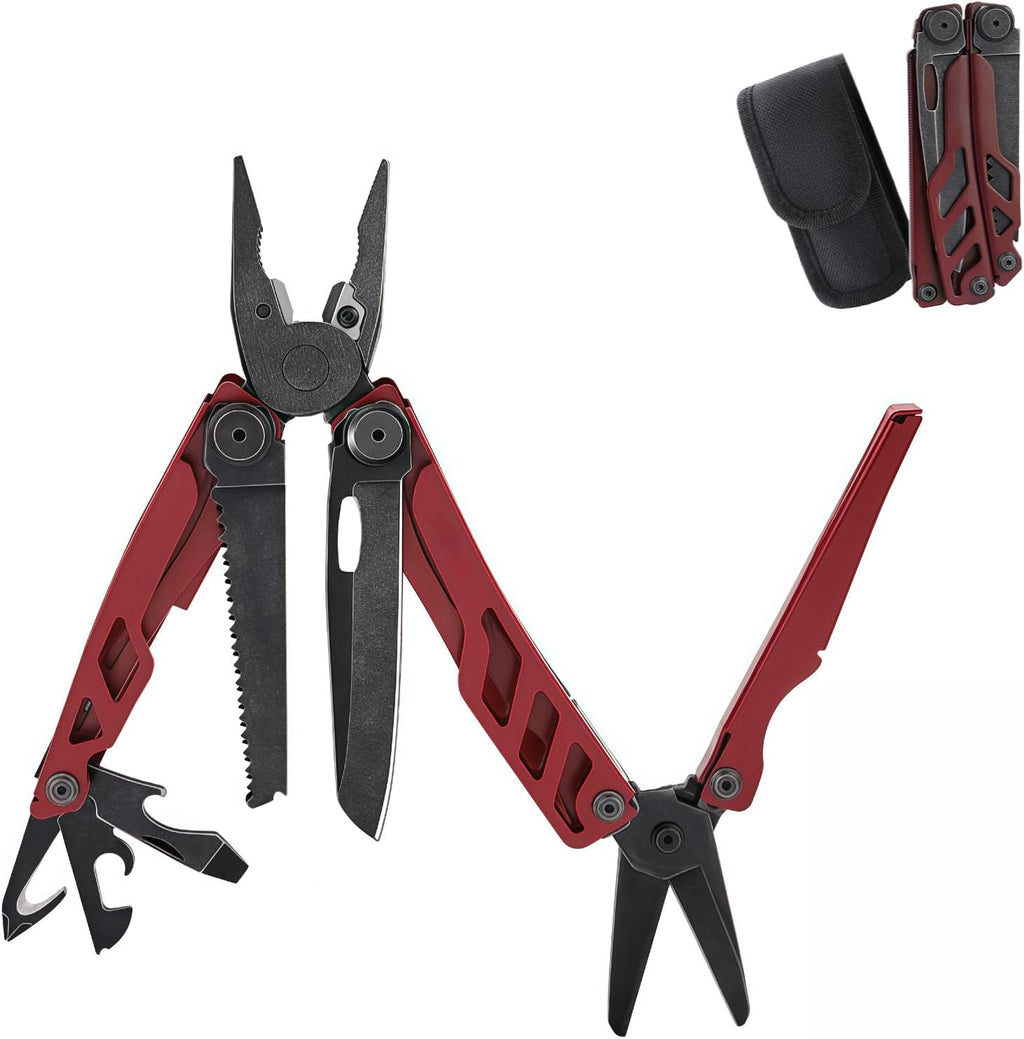 Multitool, 16-in-1 Full-Size, Lightweight EDC, Multi-Purpose Pliers, Pocket Knife, Scissors, Tactical Gear, Tools, Gifts for Guys, Equipment for Emergencies, Hiking, and Outdoor Camping (Red)