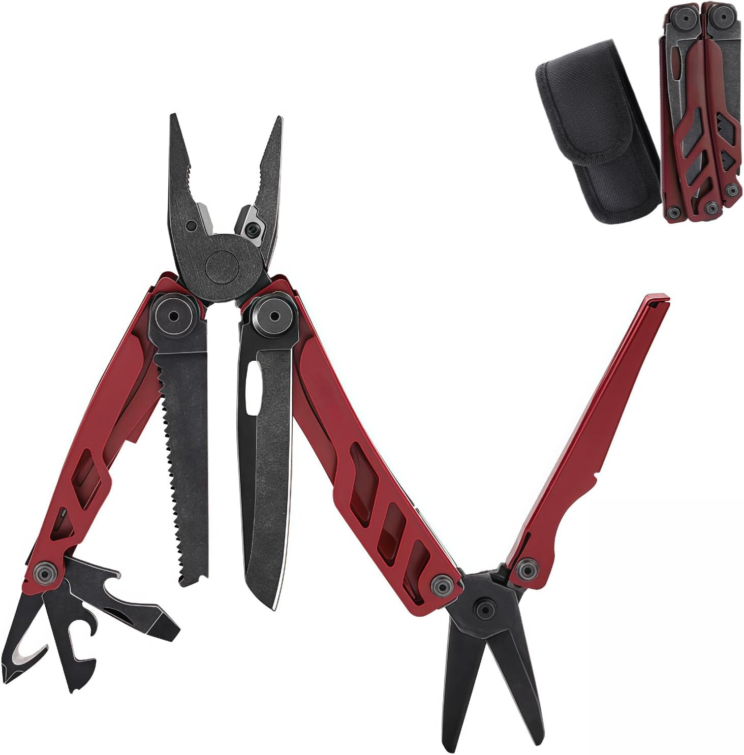 Multitool, 16-in-1 Full-Size, Lightweight EDC, Multi-Purpose Pliers, Pocket Knife, Scissors, Tactical Gear, Tools, Gifts for Guys, Equipment for Emergencies, Hiking, and Outdoor Camping (Red)