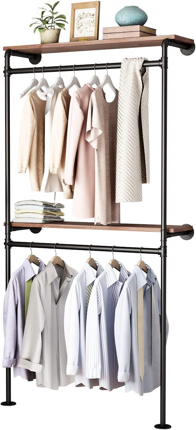 DR.IRON Industrial Pipe Clothing Racks with 2 Tier Shelves, Wall Mounted Black Clothes Rack with Double Hanging Rods Heavy Duty Garment Storage Rack Display Racks Rod for Clothes,Laundry Room