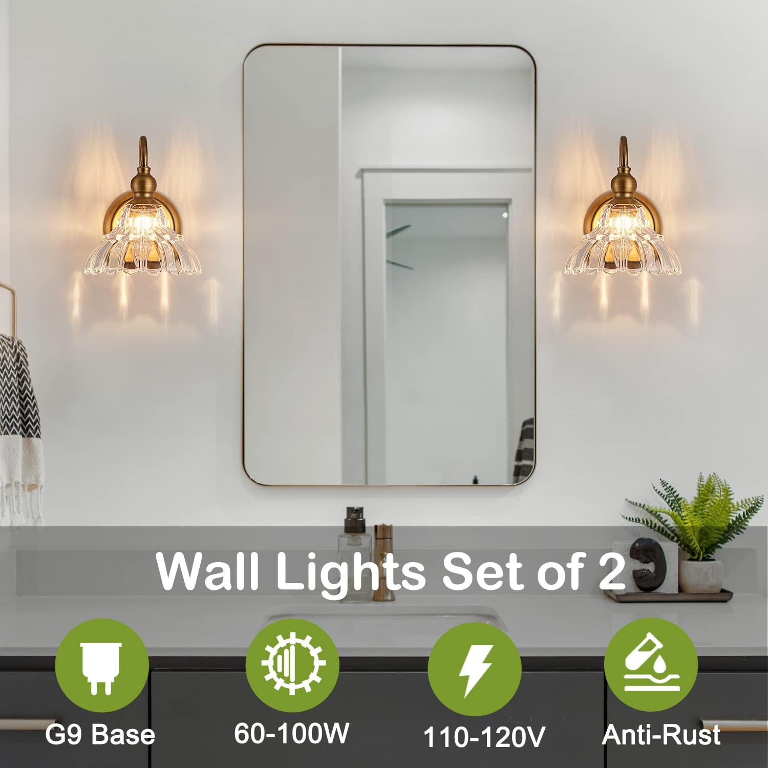 2-Pack Vintage Wall Sconces Brass Bathroom Vanity Lighting Fixtures Beautiful Wall Light Set of Two for Bedroom Bathroom Hallway Living Room