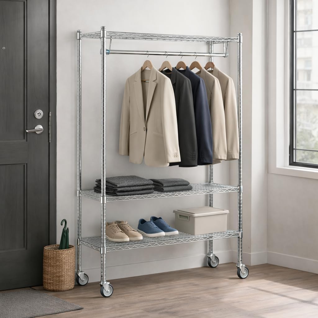 Garment Rack, Chrome Commercial Clothing Rack for Retail, Events & Storage, Adjustable Steel Clothes Rack with High Weight Capacity for Professional Use (Mobile, W18'' x L24'' x H70'')