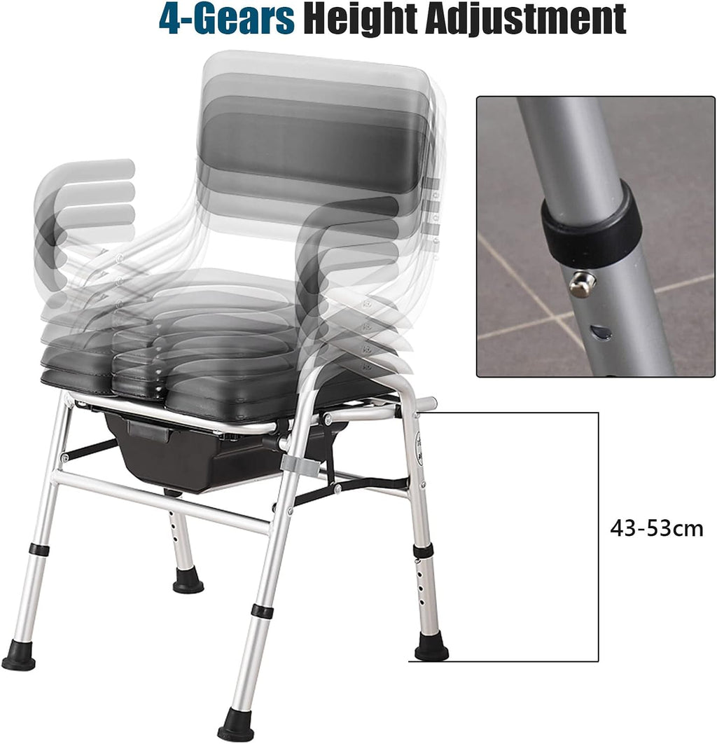 Bariatric Bedside Commode, Folding 3 in 1 Toilet Seat Chair with Bucket, Portable, Extra Wide, Adjustable Height Heavy Duty Adult Bathroom Shower Chair