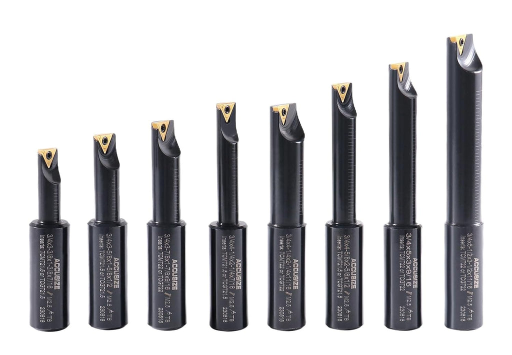 Accusize Industrial Tools Round Shank Indexable Boring Bar, 3/4 in | 8-Piece Set with TCMT 21.5 and TCMT 22 Carbide Inserts, 90 Degree, Bore Depth 1-3/8 in to 3-1/2 in, 2627-9108