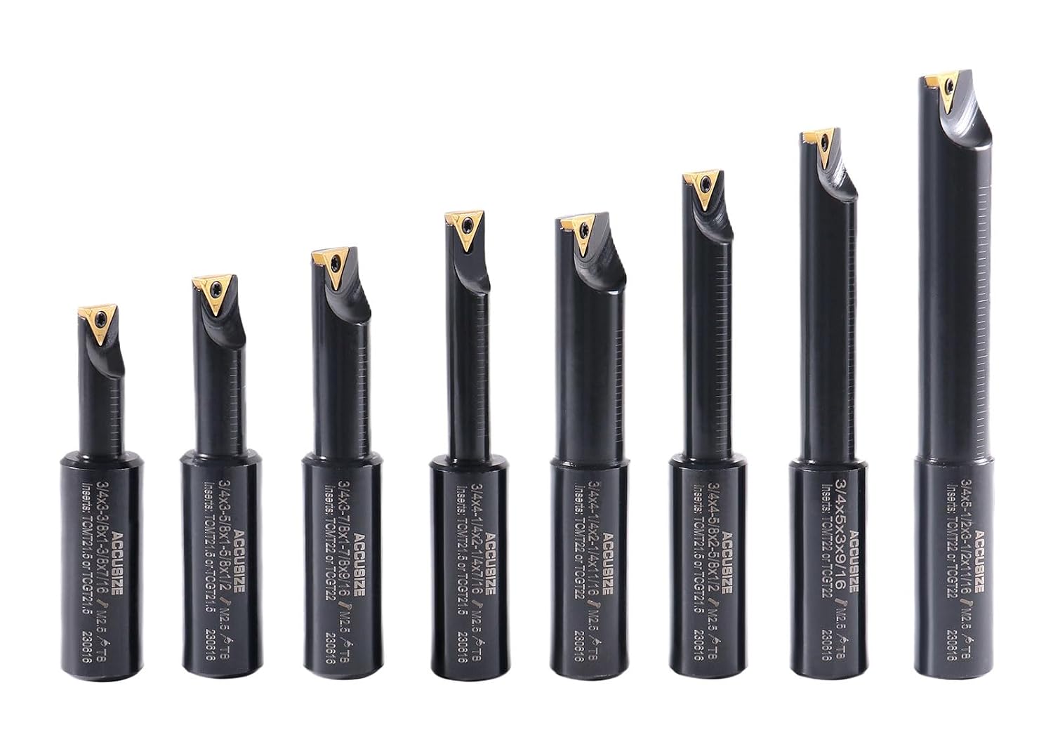 Accusize Industrial Tools Round Shank Indexable Boring Bar, 3/4 in | 8-Piece Set with TCMT 21.5 and TCMT 22 Carbide Inserts, 90 Degree, Bore Depth 1-3/8 in to 3-1/2 in, 2627-9108