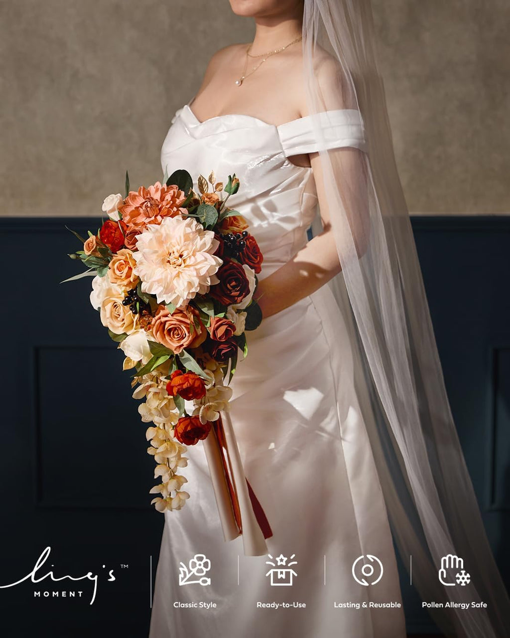 Ling's moment Wedding Artificial Flowers Package, Bridal Bouquet, Bridesmaid Bouquets, Boutonniere for Men, Rose Petals.Terracotta Orange
