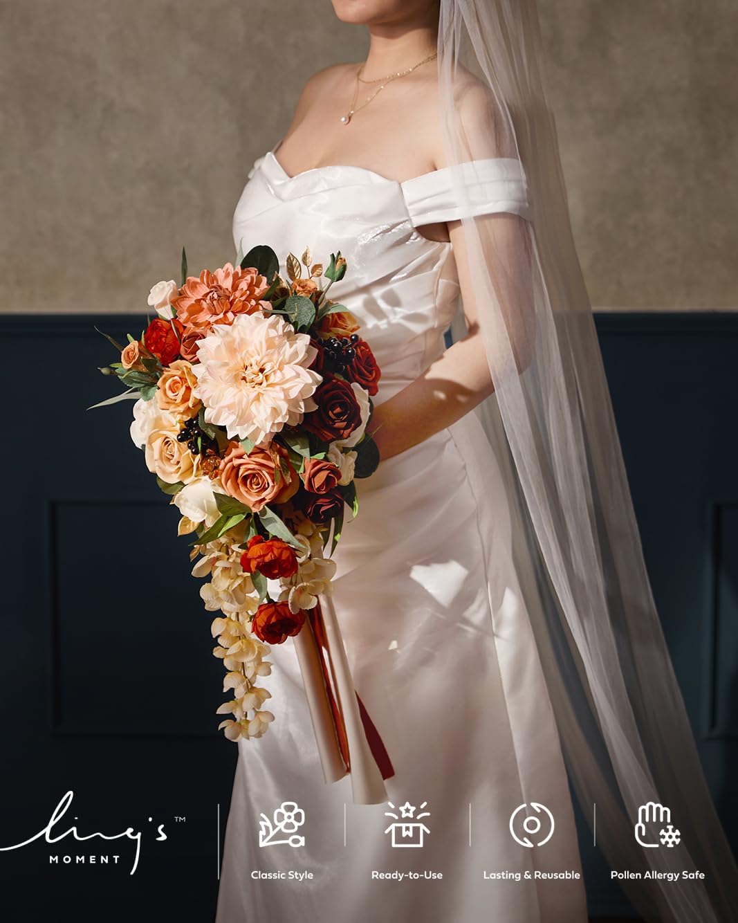 Ling's moment Wedding Artificial Flowers Package, Bridal Bouquet, Bridesmaid Bouquets, Boutonniere for Men, Rose Petals.Terracotta Orange