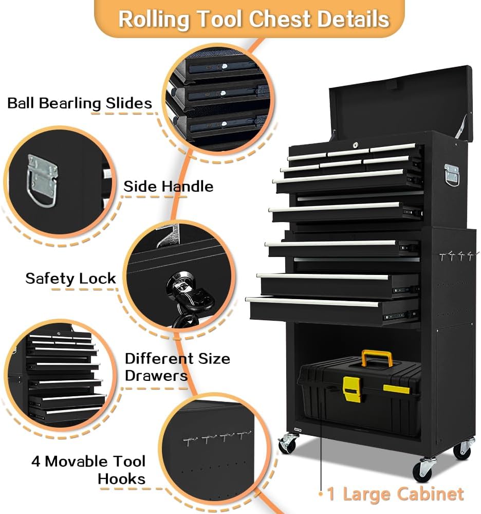 13-Drawer Tool Chest with Toolbox and wheels, Large Detachable Tool box with Sliding Drawers, Mechanic Storage Cabinets, Metal Tool Cart for Garage Workshop (BLACK)