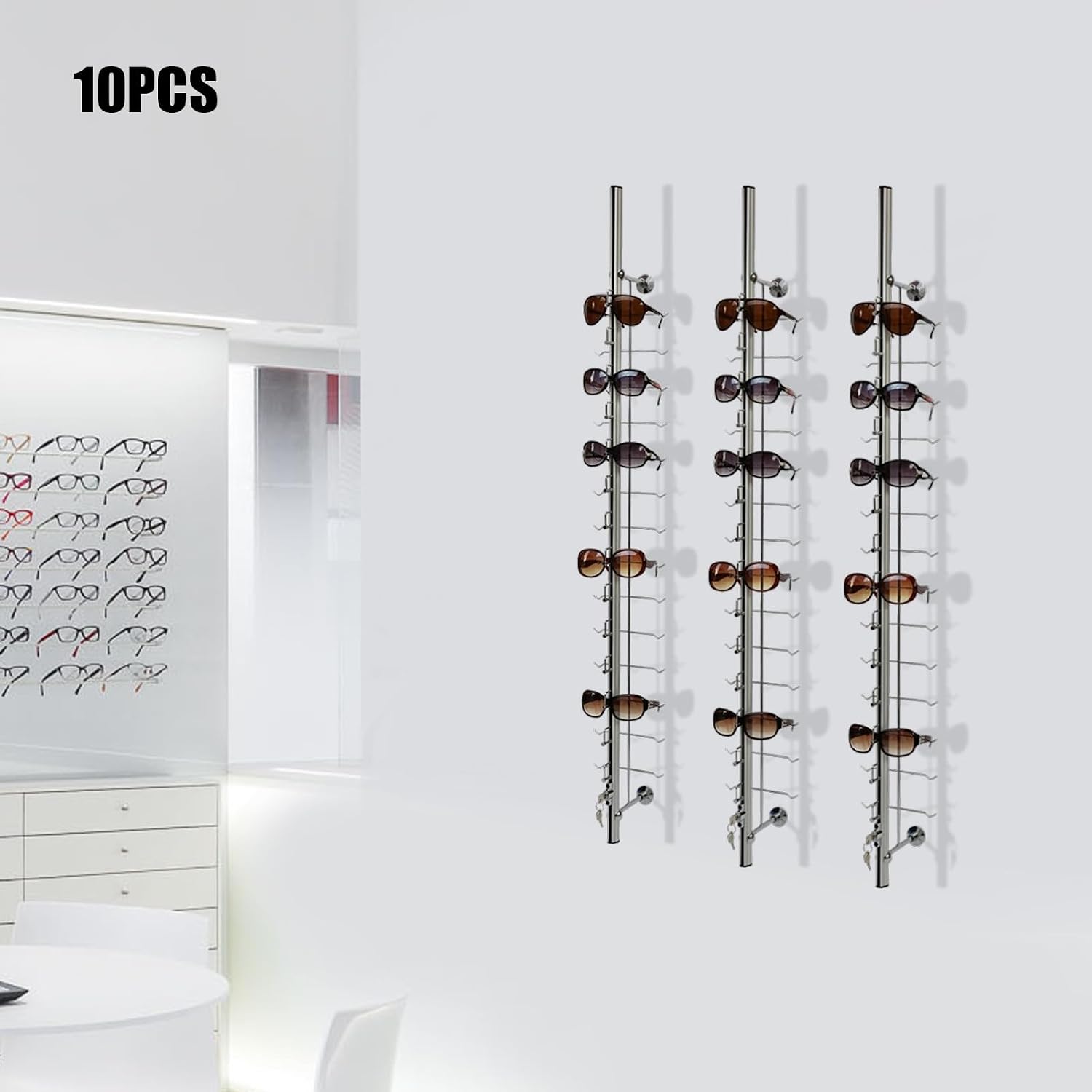 10pcs Retail Display Glasses Sunglasses, Lockable Wall Mount Eyeglass Sunglasses Display Stand Holder Rack with Lock, Multiple Glasses Organizer Eyewear Display Hanging Sunglasse-US stock (10Pcs(43in)-120Pairs(with lock))