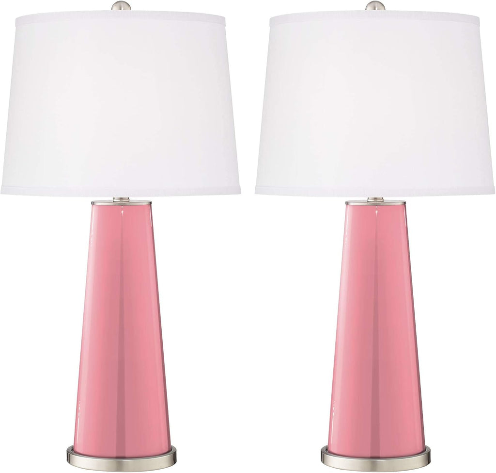 Color + Plus Leo Modern Table Lamps 29 1/2' Tall Set of 2 Haute Pink Glass Tapered Column Plain White Drum Shade Decor for Bedroom Living Room House Home Bedside Nightstand Office Family