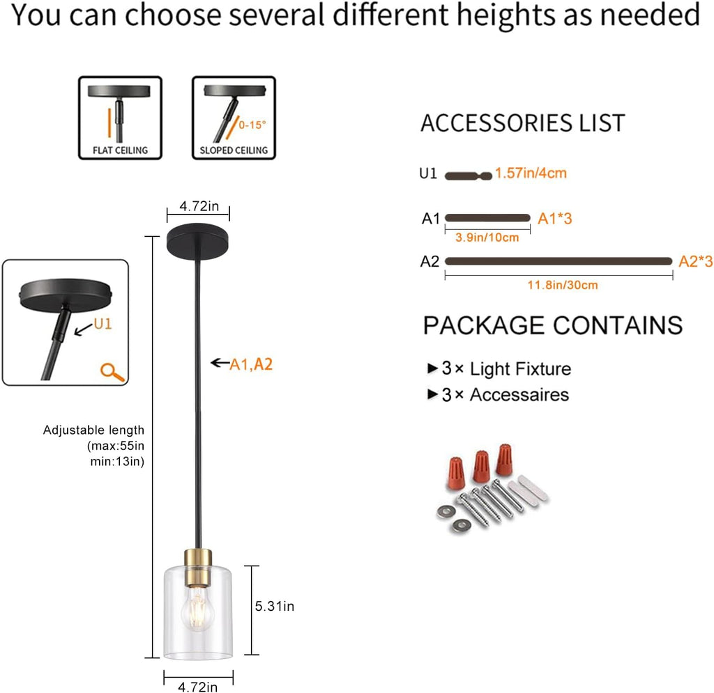 Modern 3 Pack Black Gold Pendant Lights for Kitchen Island, Brushed Brass Modern Hanging Light with Clear Glass Shade, Adjustable Metal Rod Pendant Lighting for Dining Room, Living Room, Bar, Entryway