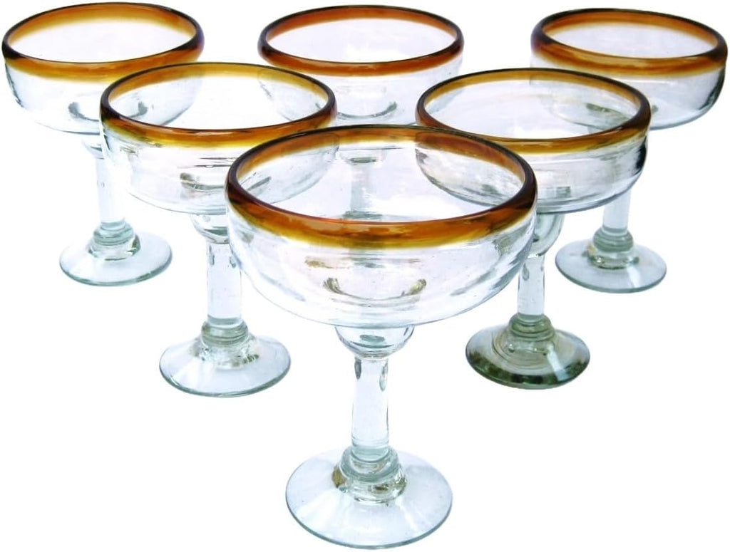 Amber Rim 14 oz Large Margarita Glasses (set of 6), Recycled Glass, Lead-free, Toxin-Free (Margarita)